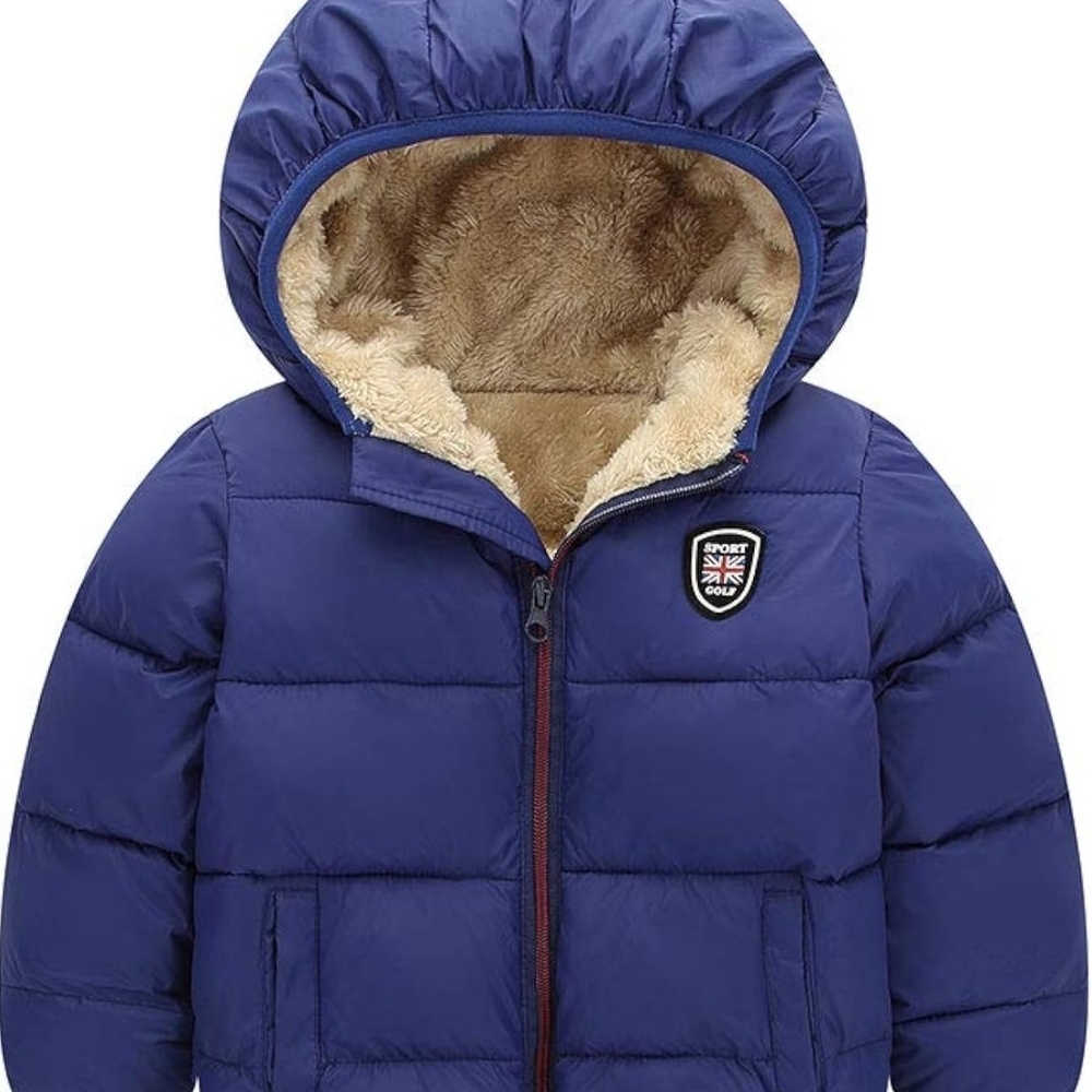 Blue Hooded Puffer Jacket with Faux Fur Lining